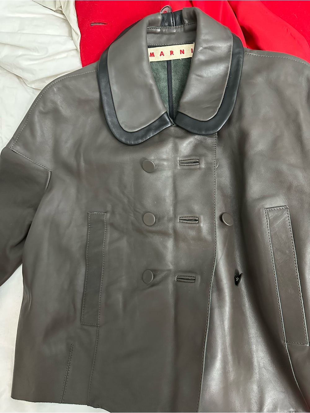 Marni Double-Breasted Leather Jacket in Slate Gray with Black Collar